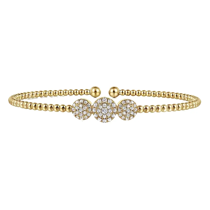 Personalized Charm Bracelets-Gabriel 14K Yellow Gold Bujukan Bead Cuff Bracelet with Three Pave Diamond Stations