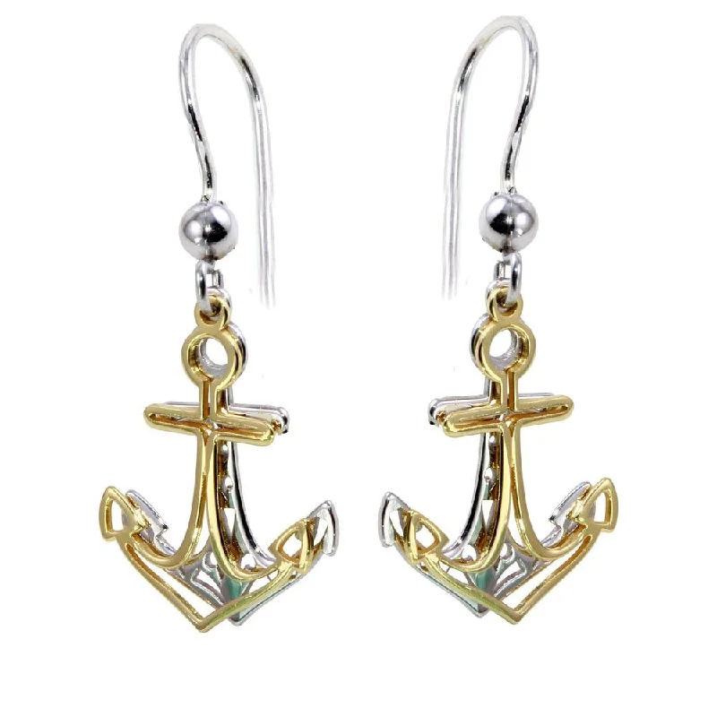 Long Earrings for Women-Two-Tone 925 Sterling Silver Flat Anchor Earrings - SOE00002