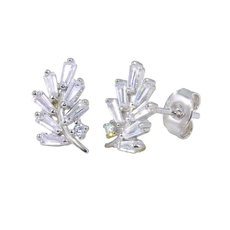 Elegant Stud Earrings-Rhodium Plated 925 Sterling Silver Leaf Baguette CZ Earrings - STE01191