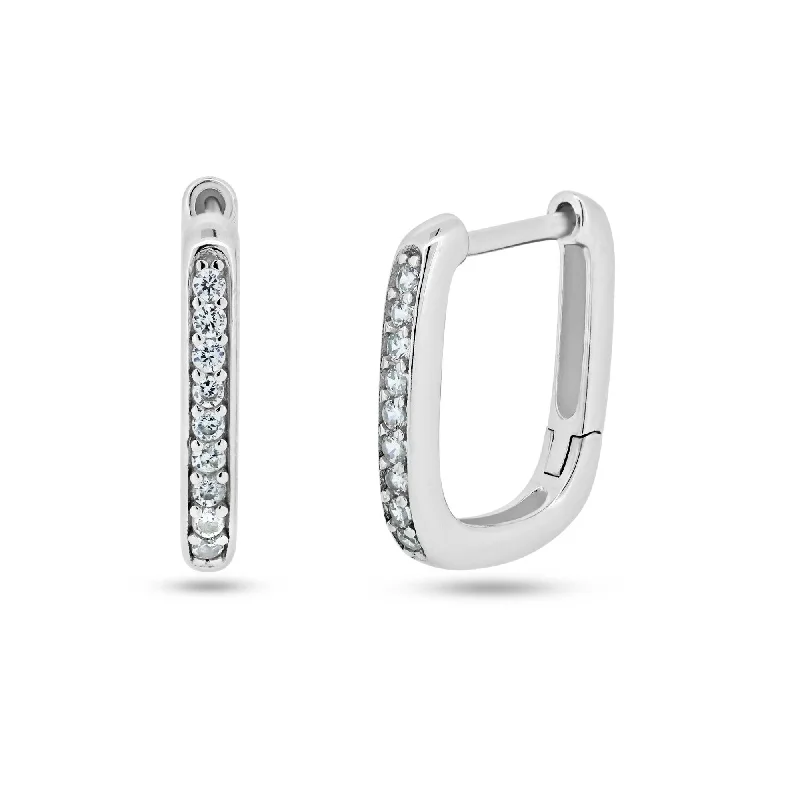 Luxury Stud Earrings-Sterling Silver Rhodium Plated Rectangular CZ Hoop Earring - STE01360