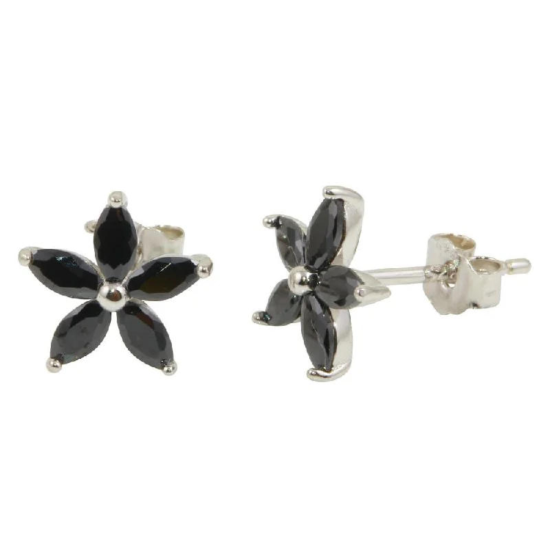 Elegant Crystal Earrings-Rhodium Plated 925 Sterling Silver Black Five Petal Flower Earrings - STE01094