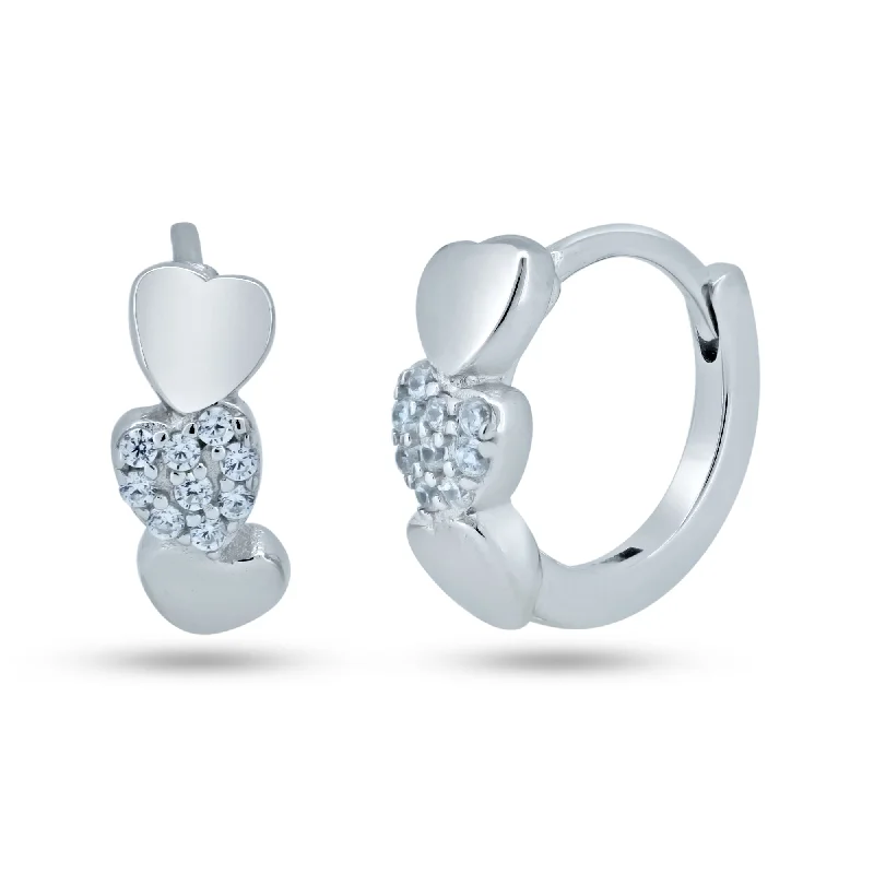 Modern Stud Earrings-Sterling Silver Rhodium Plated Pave Huggie Hearts Hoop Earrings - STE01370