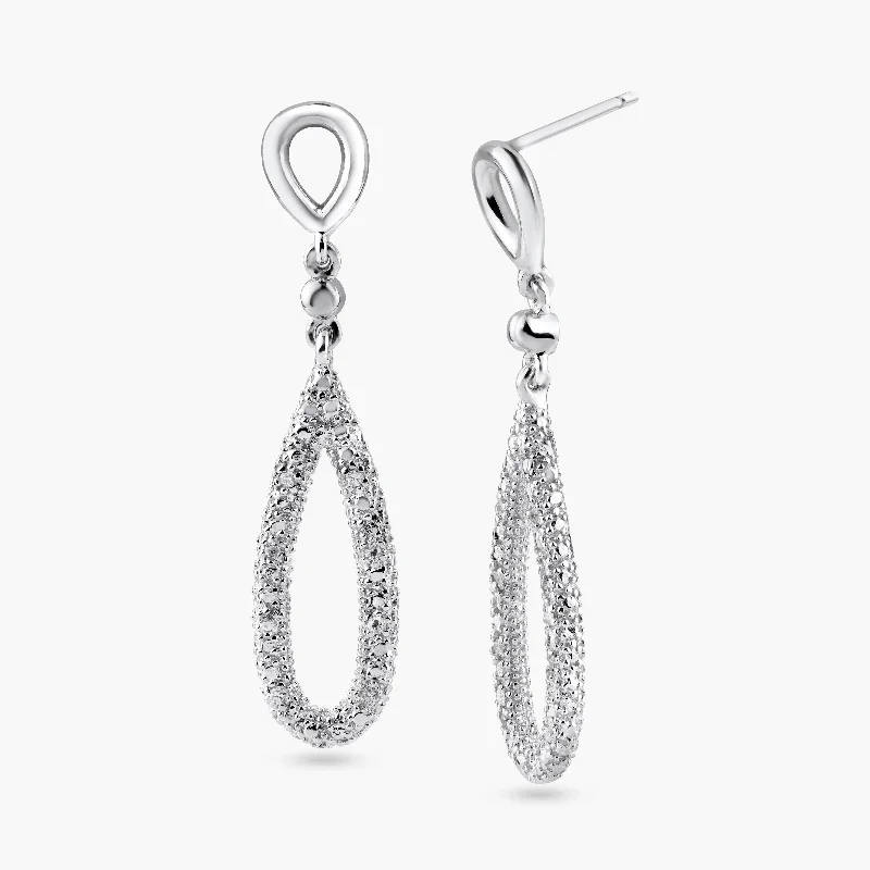 Sparkly Silver Earrings-Silver 925 Rhodium Plated Open Teardrop Clear CZ Dangling Stud Earrings - STE00869