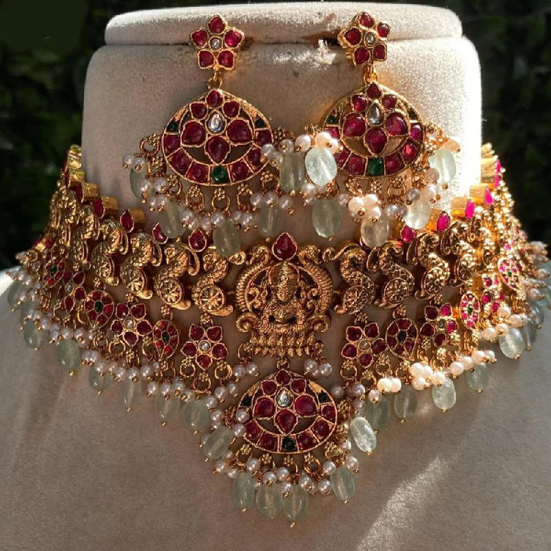 Delicate Heart Necklaces-Royal Kundan Jewellery Gold Plated Pota Stone Pearls And Temple Choker Necklace Set