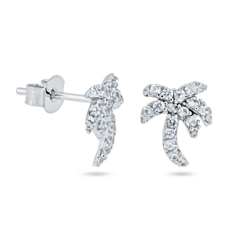 Hoop Earrings for Women-Rhodium Plated 925 Sterling Silver Palm Tree CZ Stud Earrings - STE01362