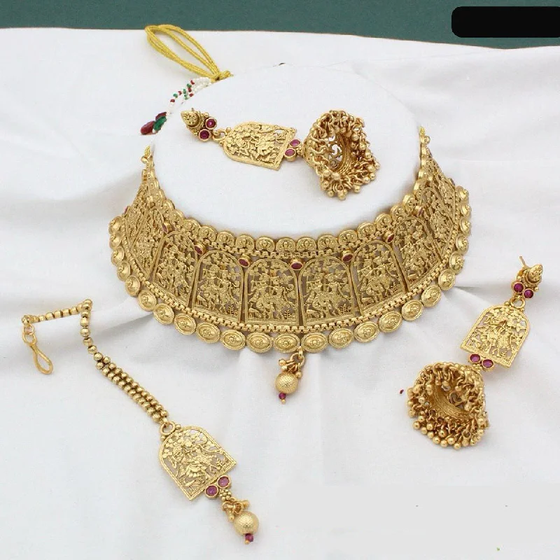 Trendy Gold Chain Necklaces-India Art Gold Plated Pota Stone And Beads Temple Choker Necklace Set