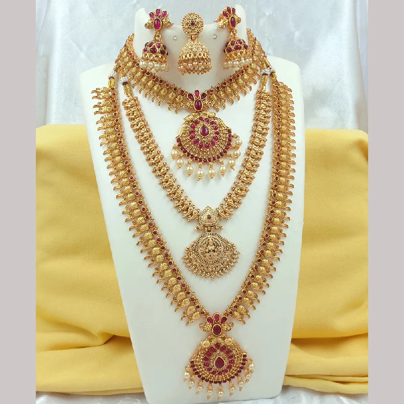 Stunning Pendant Necklaces for Brides-Joyful Jewel Art Matte Gold Plated Pota Stone Temple Long Necklace Combo