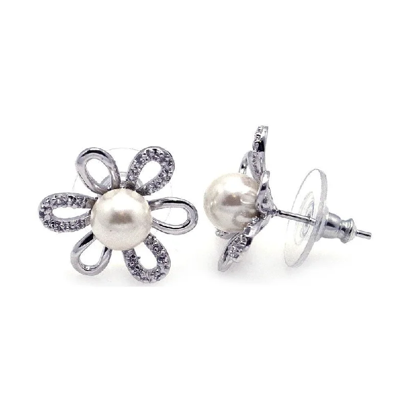 Colorful Dangle Earrings-Silver 925 Rhodium Plated Sunflower CZ Synthetic Pearl Stud Earrings - BGE00111