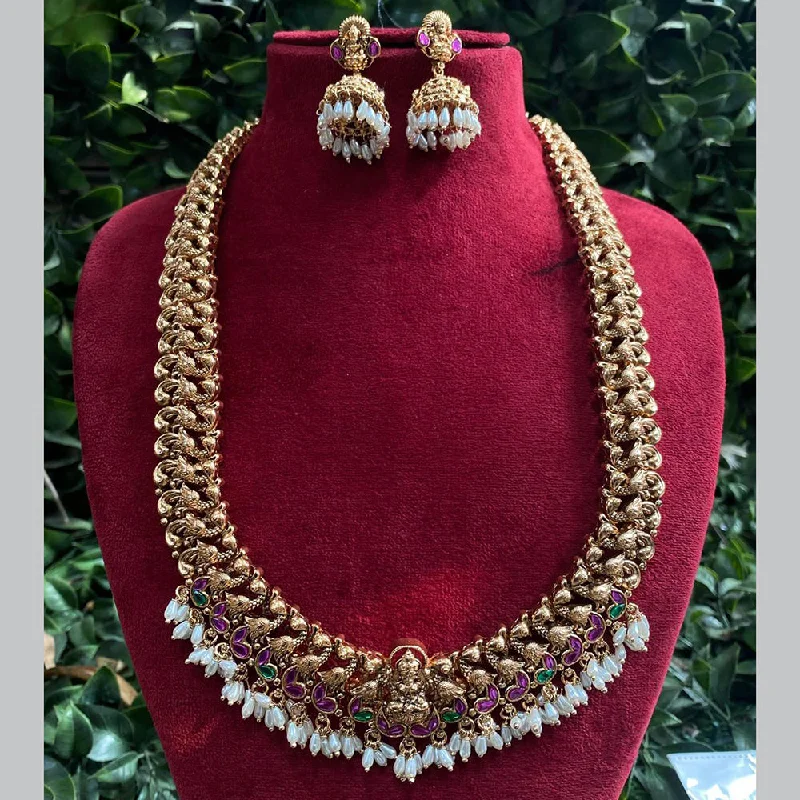 Customizable Gold Choker Necklaces-Royal Kundan Jewellery Gold Plated Pota Stone And Temple Long Necklace Set