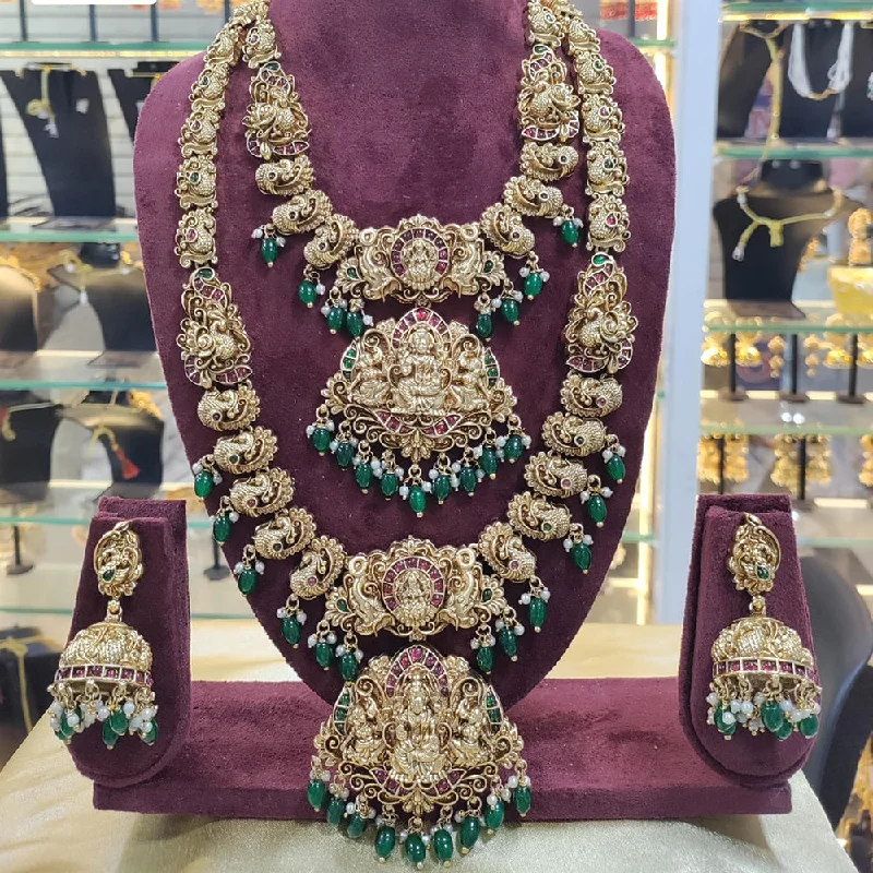 Trendy Gold Pendant Necklaces-Manisha Jewellery Gold Plated Pota Stone Temple Double Necklace Set