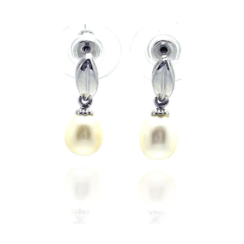 Retro Hoop Earrings-Silver 925 Rhodium Plated Leaf Marquise Fresh Water Pearl Dangling Stud Earrings - BGE00112