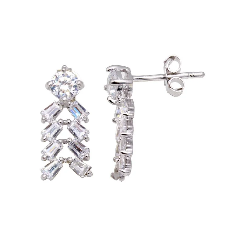 Comfortable Hoop Earrings-Silver 925 Rhodium Plated Rectangle Baguette CZ Chandelier Stud Earrings - STE00899