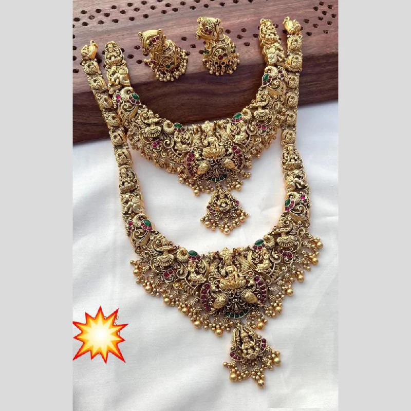 Colorful Gemstone Necklaces-Manisha Jewellery Gold Plated Pota Stone Temple Double Necklace Set