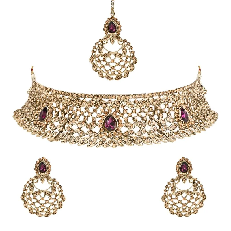 Elegant Gold Necklaces-Etnico Gold Plated Traditional Design Stone Work Choker Necklace Jewellery Set With Chandbali Earring & Maang Tikka For Women/Girls (M4170FLWi)