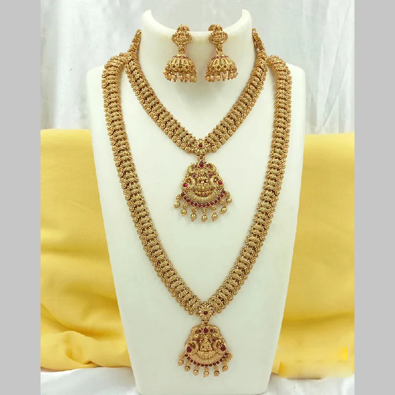 Fashionable Gemstone Necklaces-Joyful Jewel Art Matte Gold Plated Pota Stone Temple Long Necklace Combo