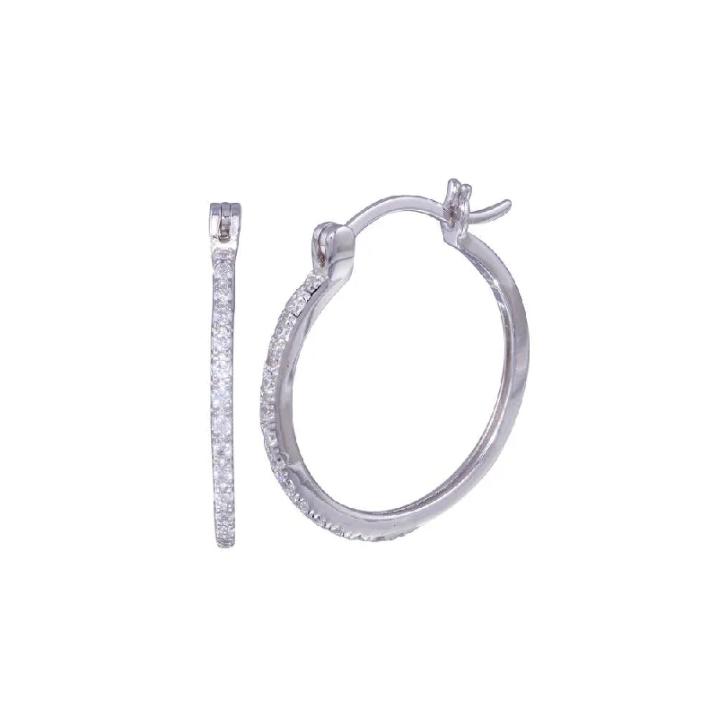 Silver Diamond Earrings-Silver 925 Rhodium Plated Round CZ Hoop Earrings - STE00588