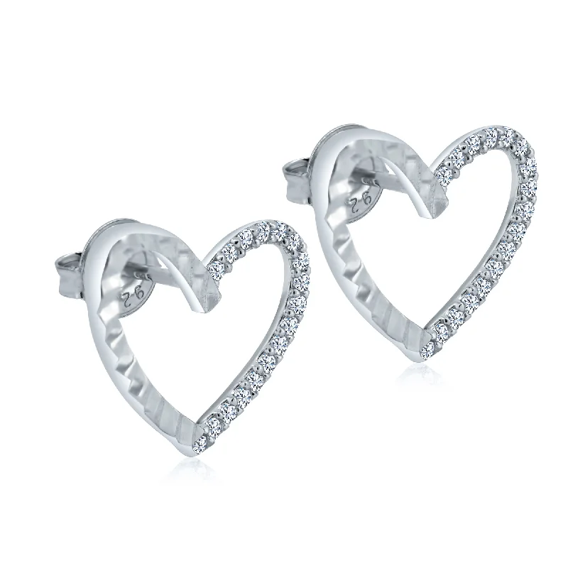 Designer Drop Earrings-Rhodium Plated 925 Sterling Silver Diamond Cut Clear CZ Heart Stud Earrings - GME00132