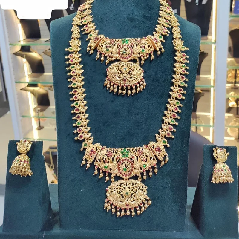 Luxurious Pendant Necklaces-Manisha Jewellery Gold Plated Pota Stone Temple Double Necklace Set