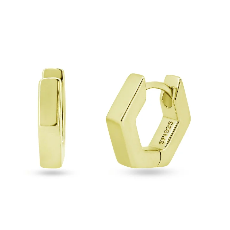 Comfortable Hoop Earrings-Sterling Silver Gold Plated Hexagon Huggie Hoop Earring 11.7mm - STE01358GP