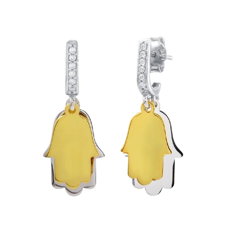 Fashionable Statement Earrings-Two-Tone 925 Sterling Silver Dangling Hamsa Hand CZ Earrings - SOE00026