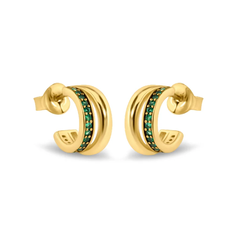 Elegant Stud Earrings-925 Sterling Silver Golden Plated Split Hoop Green CZ Stud Earrings - BGE00751