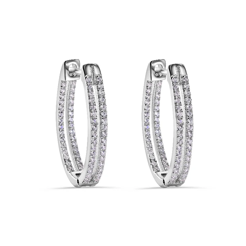 Fashionable Statement Earrings-Rhodium Plated 925 Sterling Silver Pave Double Clear CZ Hoop Earring - STE01387