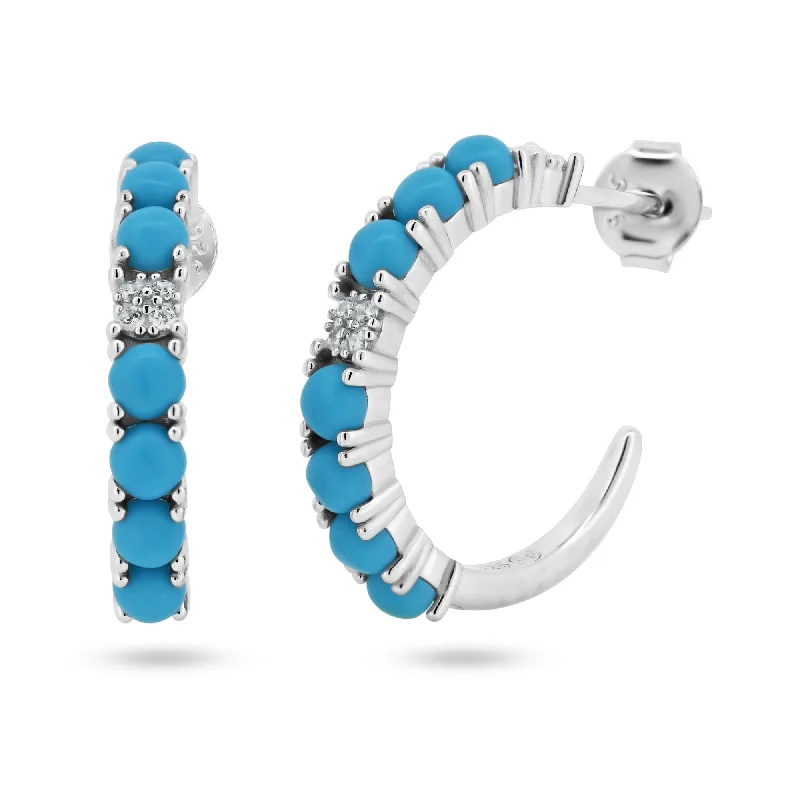 Stylish Earrings for Brides-Rhodium Plated 925 Sterling Silver Semi Hoop Turquoise CZ Semi Hoop Earring - BGE00742