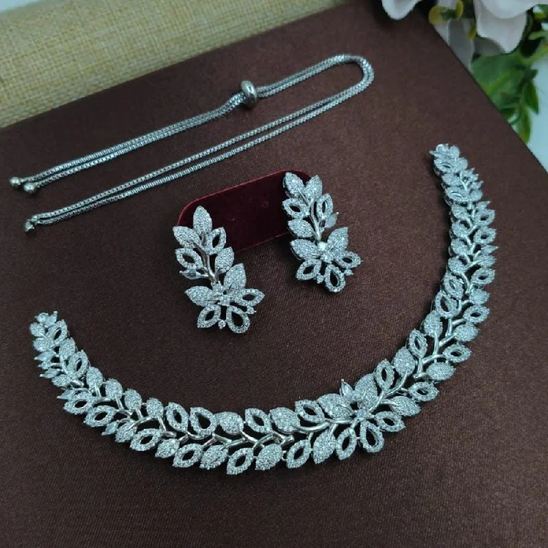 Simple Silver Necklaces-Kavita Art Silver Plated American Diamond Necklace Set