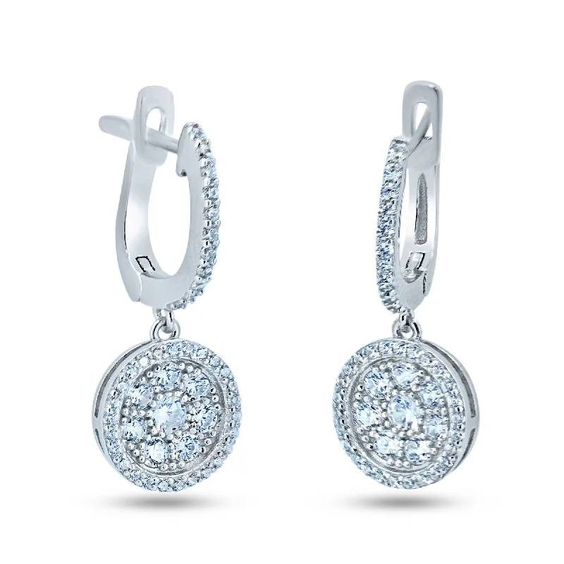 Vibrant Colorful Earrings-Sterling Silver Rhodium Plated Dangling CZ Encrusted Disc Hoop Earrings - STE01368