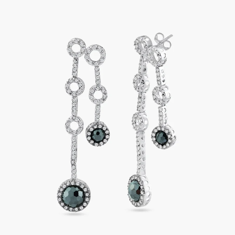 Large Pearl Earrings-Clearance-Silver 925 Black Rhodium and Rhodium Plated Round Black and Clear CZ Two Strand Dangling Stud Earrings - STE00431