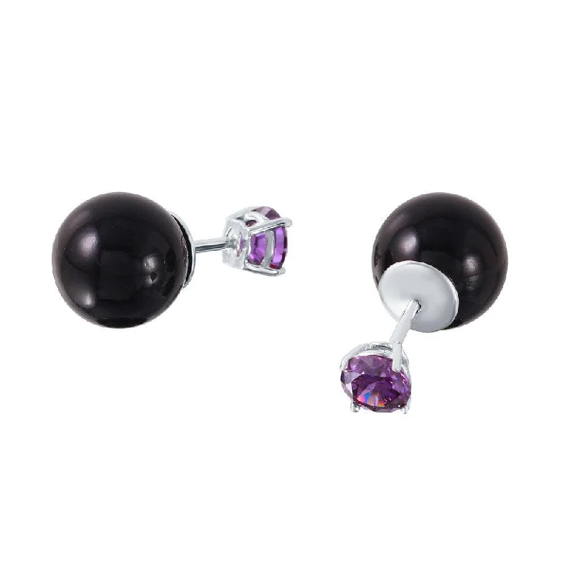 Large Pearl Earrings-Rhodium Plated 925 Sterling Silver Purple CZ Black Synthetic Pearl Front and Back  Earrings - STE01000FEB