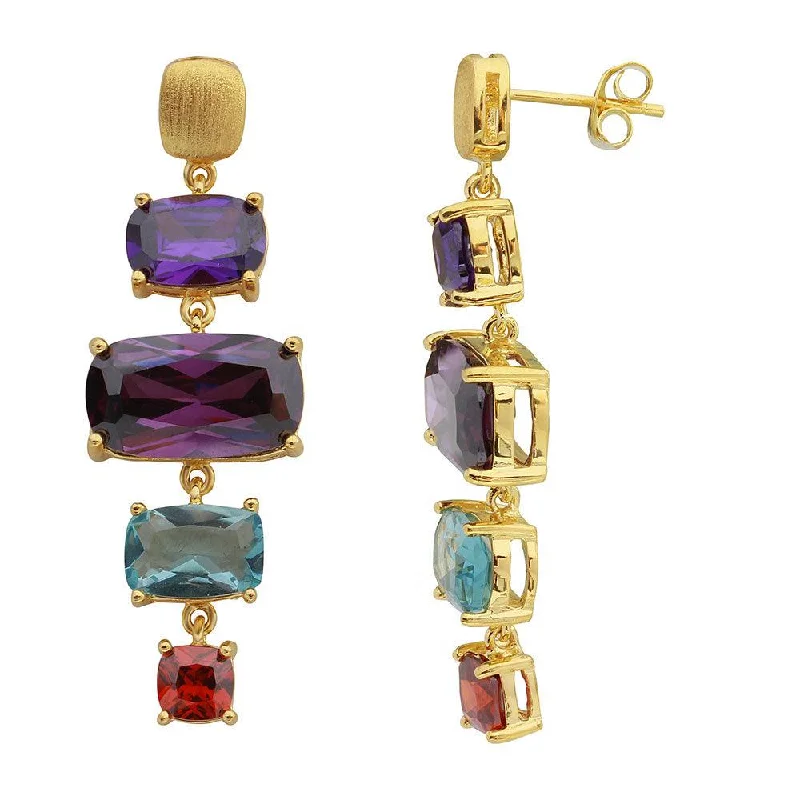 Luxury Gemstone Earrings-Gold Plated 925 Sterling Silver Multi Color CZ Drop Earrings - BGE00487