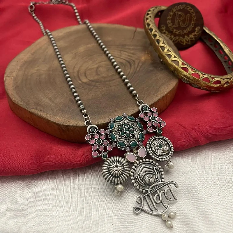 Antique Style Necklaces-FS Collection Oxidised Plated Pota Stone And Temple Long Necklace Set