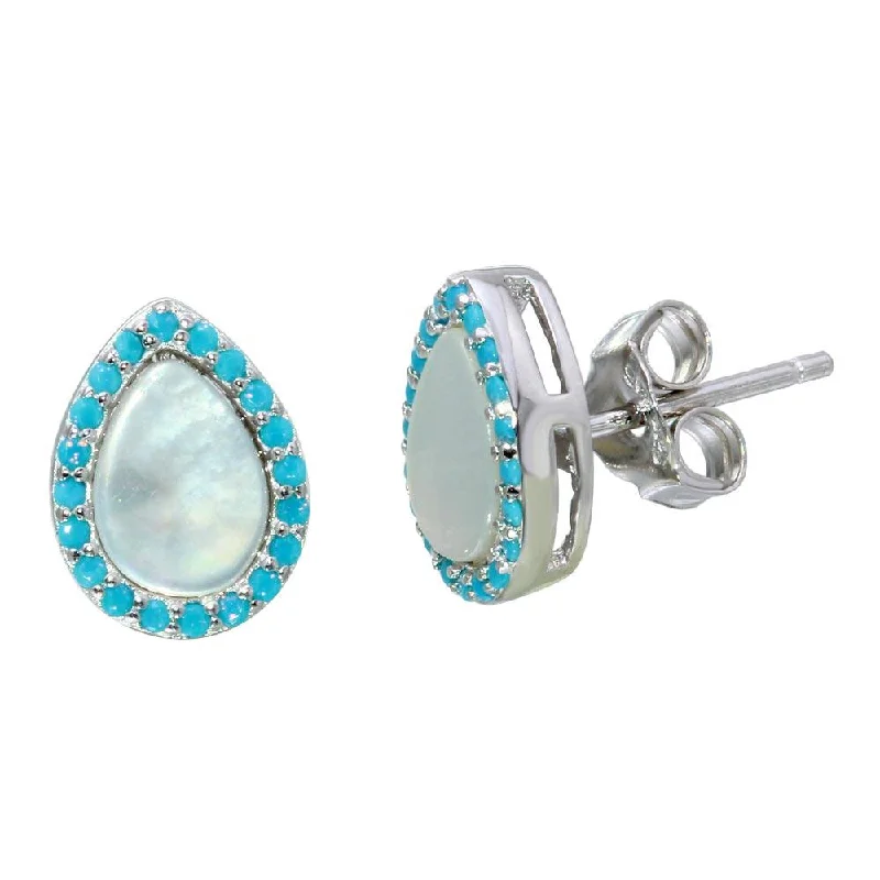 Colorful Hoop Earrings-Rhodium Plated 925 Sterling Silver Teardrop Shaped Opal Stud Earrings with Blue CZ Stones - STE01118BLU