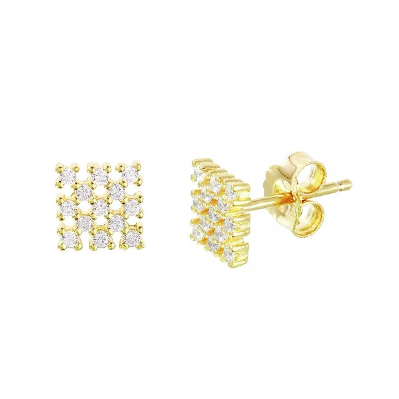 Diamond Hoop Earrings-Silver 925 Gold Plated Small Square Checkered CZ Stud Earrings - ACE00078GP