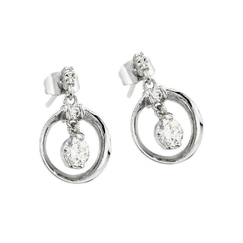 Retro Hoop Earrings-Silver 925 Rhodium Plated Open Circle Round CZ Dangling Stud Earrings - BGE00227