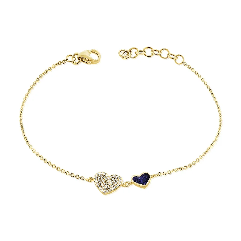 Classic Gemstone Link Bracelets-Double Heart Bracelet with Diamonds & Blue Sapphire Accent