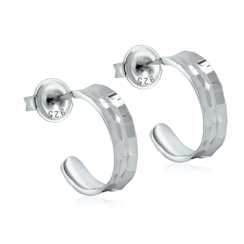 High-End Gold Earrings-Rhodium Plated 925 Sterling Silver Diamond Cut 13.5 Semi Hoop Stud Earrings - GME00122