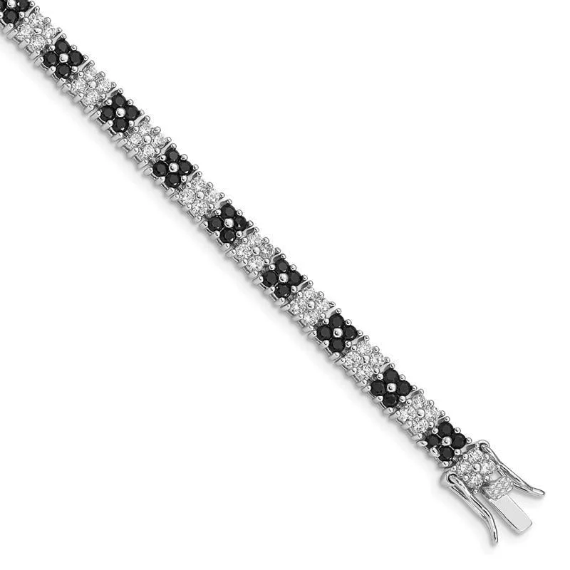 Chunky Leather Bracelets-Sterling Silver Rhodium-plated 7in Black/White CZ Tennis Bracelet