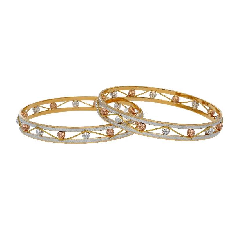 Custom Gold Bangles-22K Multi Tone Gold Laser Bangles Set of 2 W/ Open Band & Patterned Accent Gold Balls