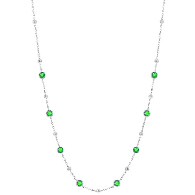 Fashionable Long Pendant Necklaces-Classic Women's Necklace - Silver Bezel Set Emerald CZ and Bead Station | M-7074-16