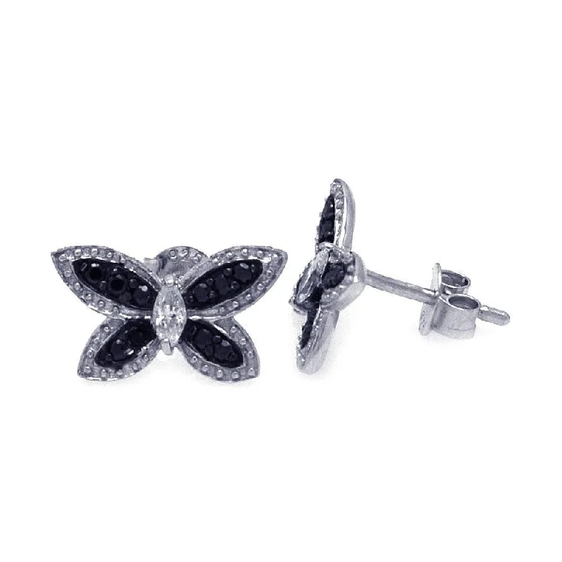 Modern Earrings for Women-Silver 925 Black and Silver Rhodium Plated Black Butterfly CZ Stud Earrings - STE00697