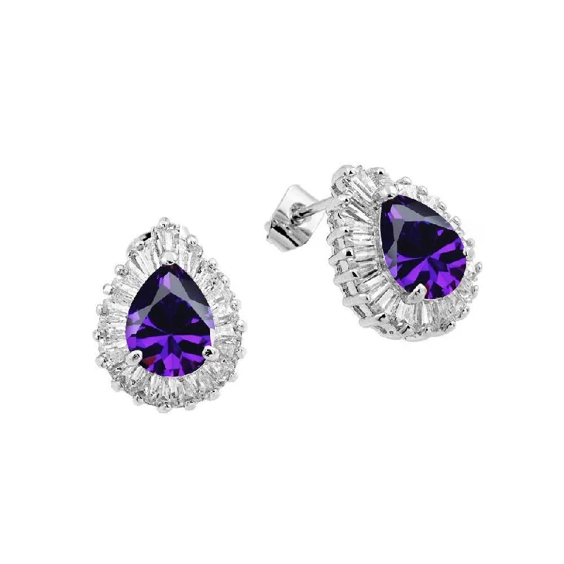 Minimalist Earrings for Women-Silver 925 Rhodium Plated Teardrop Purple Baguette Clear CZ Stud Earrings - BGE00336