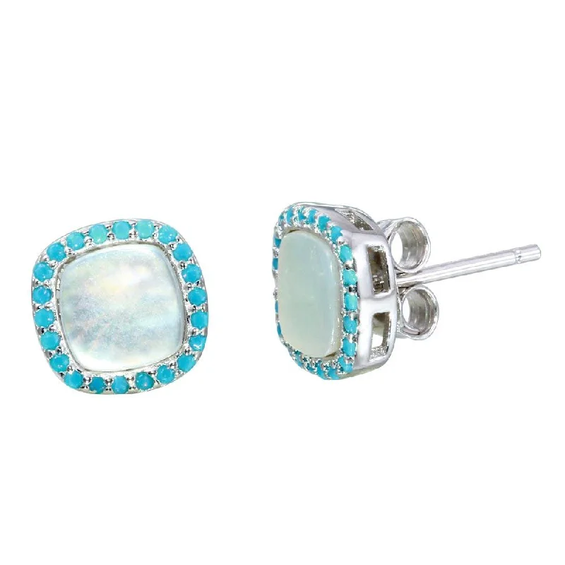 Sterling Silver Hoop Earrings-Rhodium Plated 925 Sterling Silver Square Opal Stud Earrings with Blue CZ - STE01117BLU