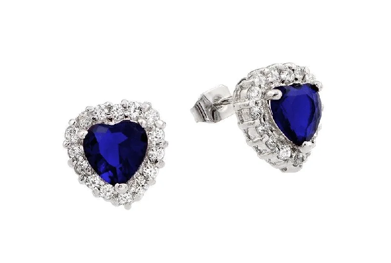 Pearls and Gold Earrings-Silver 925 Rhodium Plated Blue and Clear Heart CZ Stud Earrings - BGE00367B