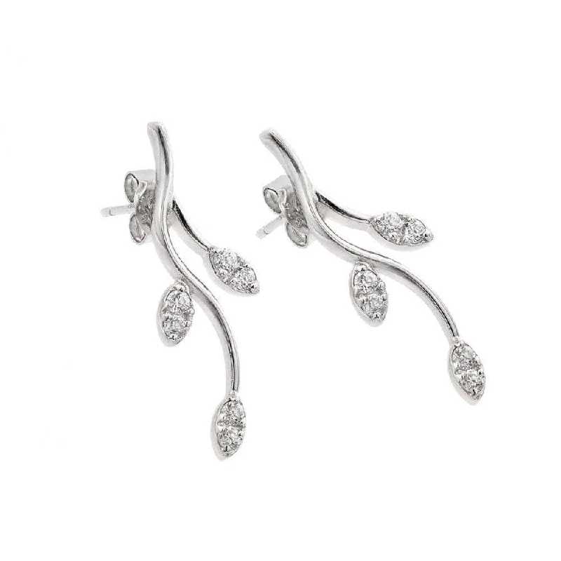 Designer Drop Earrings-Silver 925 Rhodium Plate Curvy Tree Branch Marquis Clear CZ Stud Earrings - STE00630