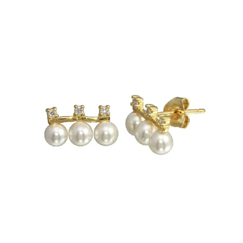 Dainty Silver Earrings-Gold Plated 925 Sterling Silver CZ Dangling 3 Faux Pearls Earring - BGE00657