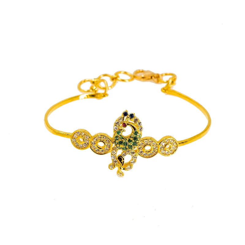 Luxury Silver Bangle Sets-22K Yellow Gold Baby Bangle W/ CZ Gems, Ornate Peacock & 4-Circle Accents