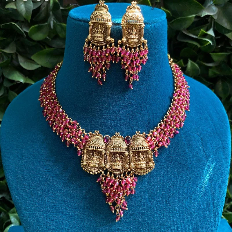 Gold Choker Necklaces-Royal Kundan Jewellery Gold Plated Pearls Temple Necklace Set