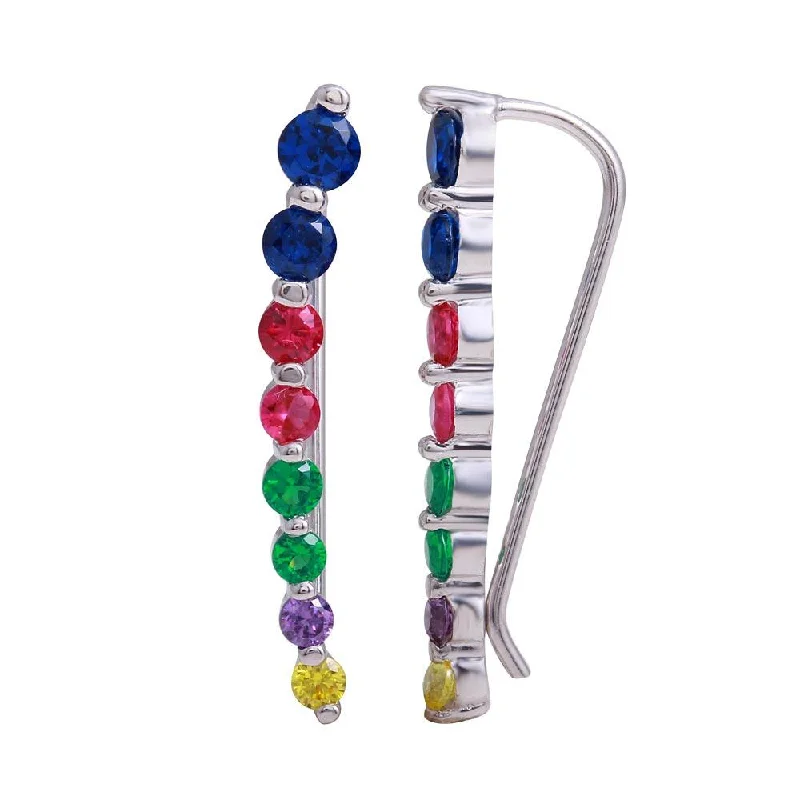 Personalized Drop Earrings-Rhodium Plated 925 Sterling Silver Round Multi-Colored CZ Stone Climbing Earrings - GME00116RBC